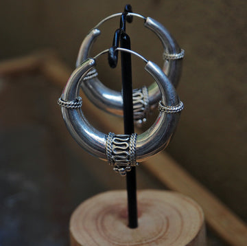 Tribal fusion silver hoop earrings
