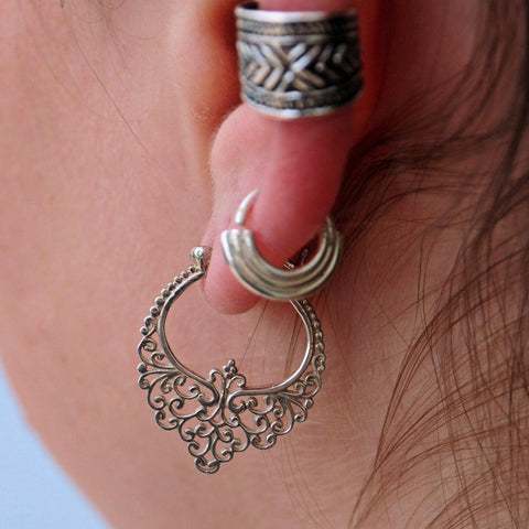 Art nouveau filigree silver hoop earrings