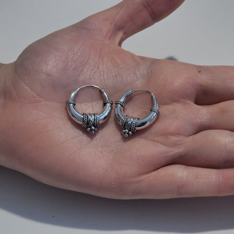 Tribal fusion braid silver hoop earrings