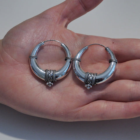 Tribal fusion braid silver hoop earrings