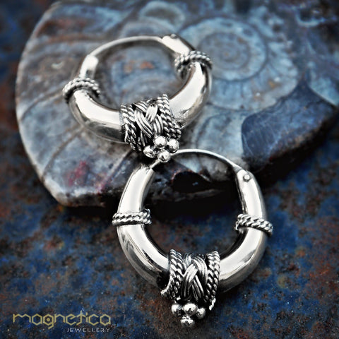 tribal fusion sterling silver hoop earrings lightweight-earrings-Magnetica