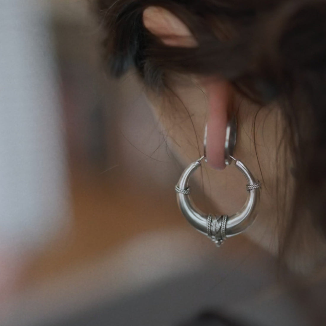 Tribal fusion braid silver hoop earrings