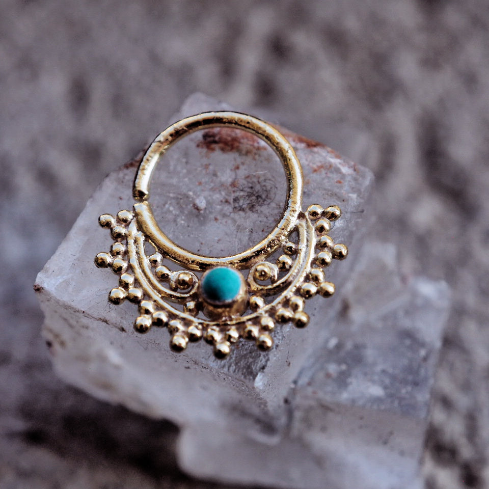 Gold Mandala With turquoise big piercing ring