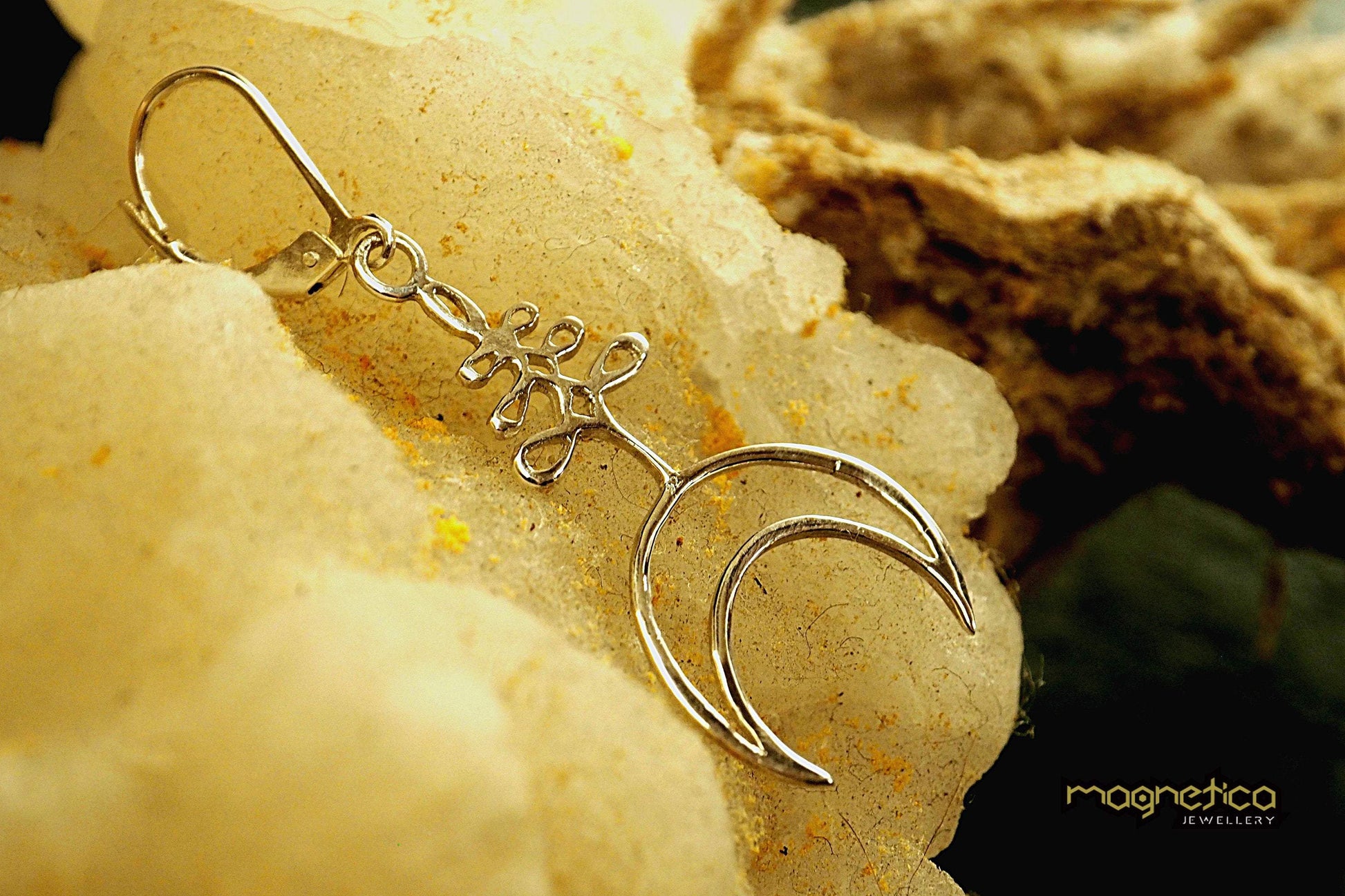 Crescent moon with unalome symbol silver earrings-earrings-Magnetica