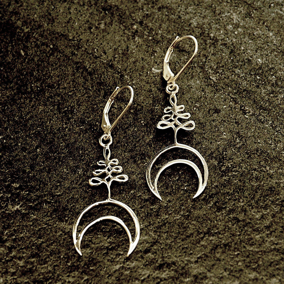 Crescent moon with unalome symbol silver earrings-earrings-Magnetica