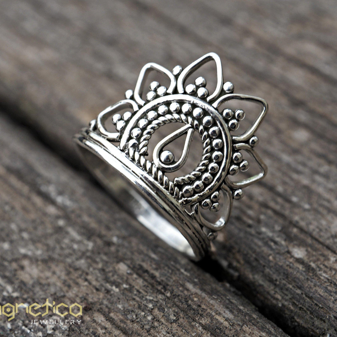 Flower crown ethnic silver filigree ring-ring-Magnetica