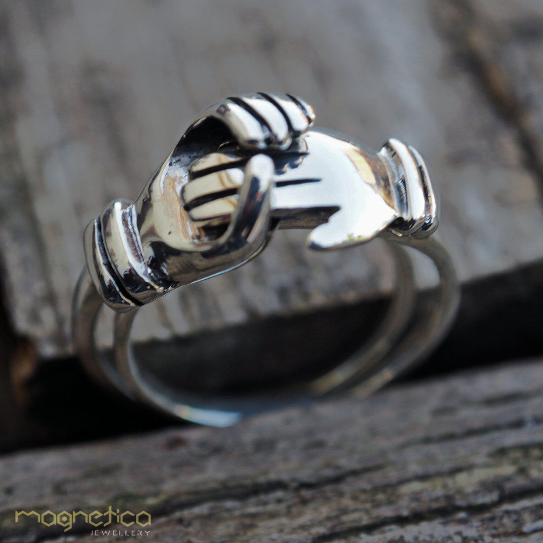 Hand in hand 2 attached Sterling silver rings-ring-Magnetica