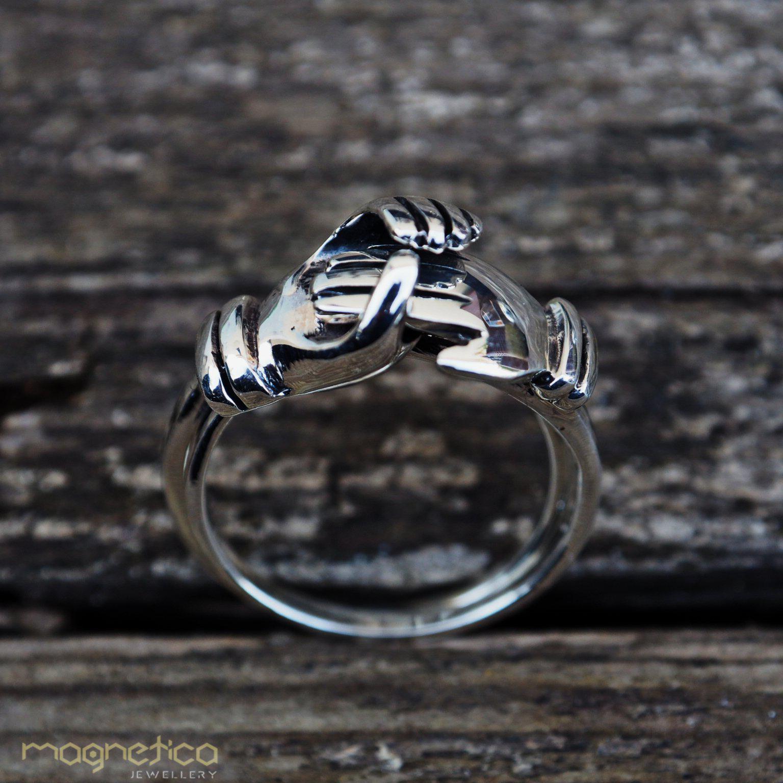 Hand in hand 2 attached Sterling silver rings-ring-Magnetica