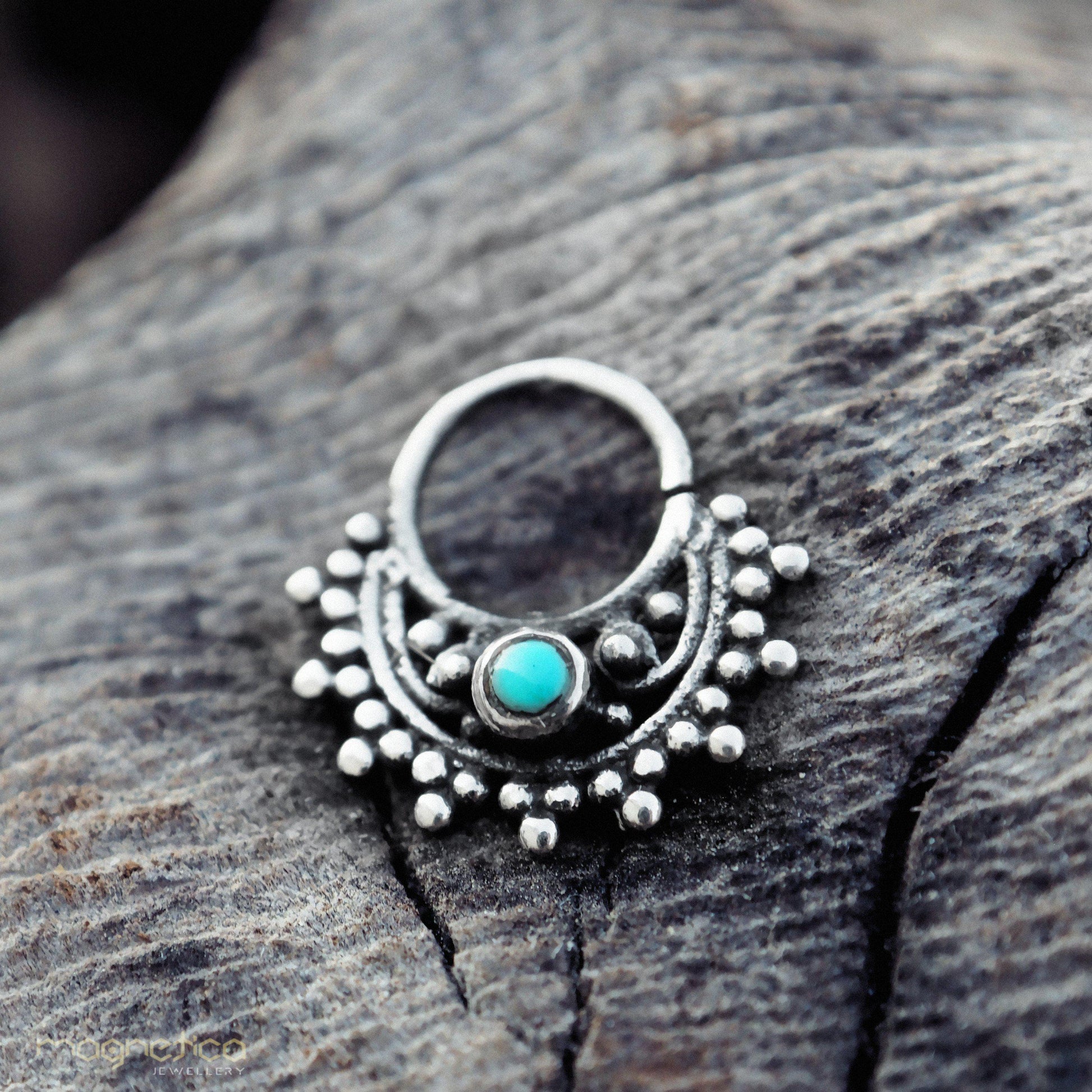 Ethnic style with gem sterling silver small piercing Ring fits septum, Tragus, Helix nose ring.-piercing-Magnetica