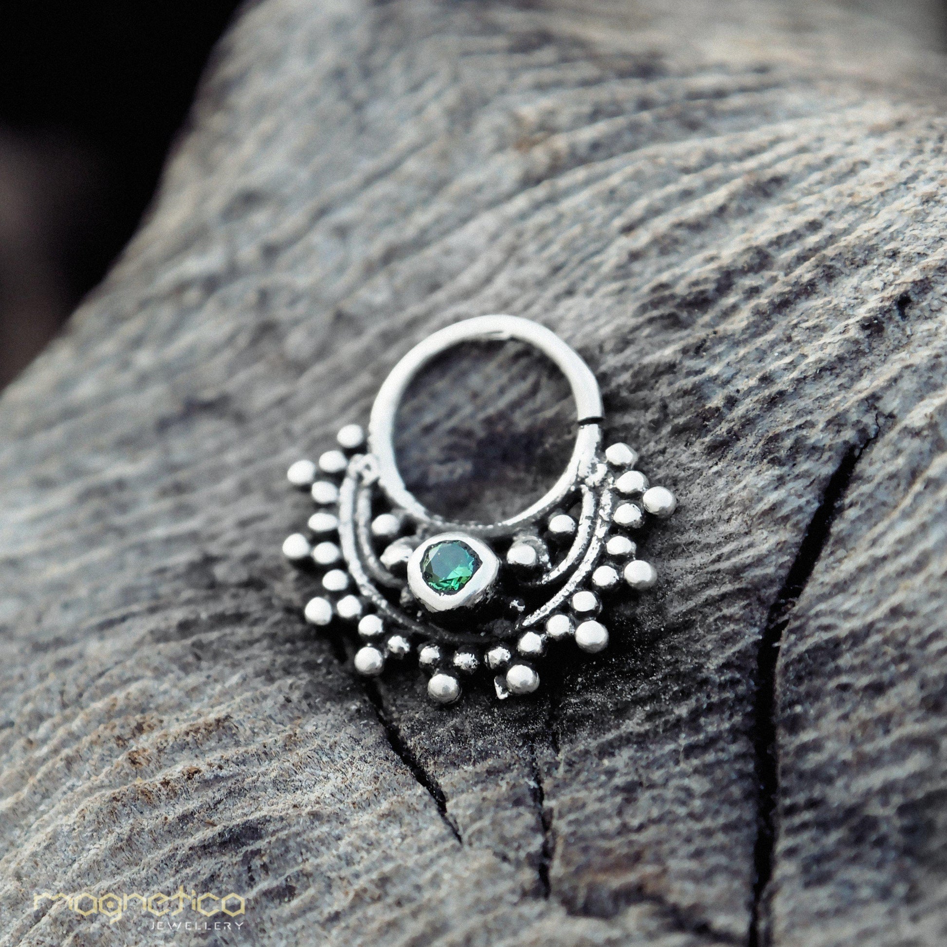 Ethnic style with gem sterling silver small piercing Ring fits septum, Tragus, Helix nose ring.-piercing-Magnetica