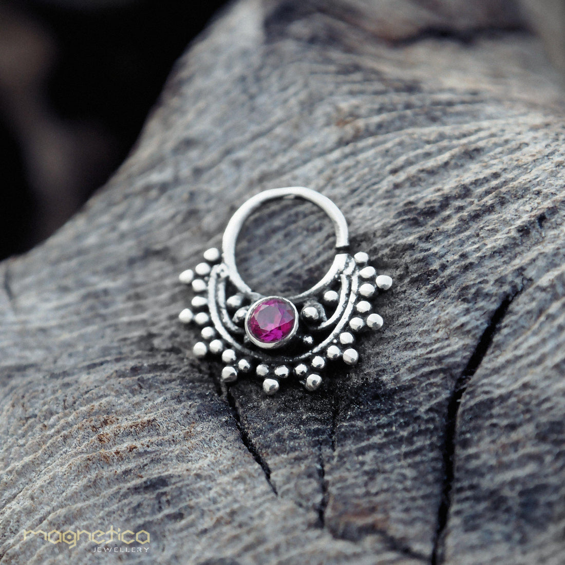 Ethnic style with gem sterling silver small piercing Ring fits septum, Tragus, Helix nose ring.-piercing-Magnetica