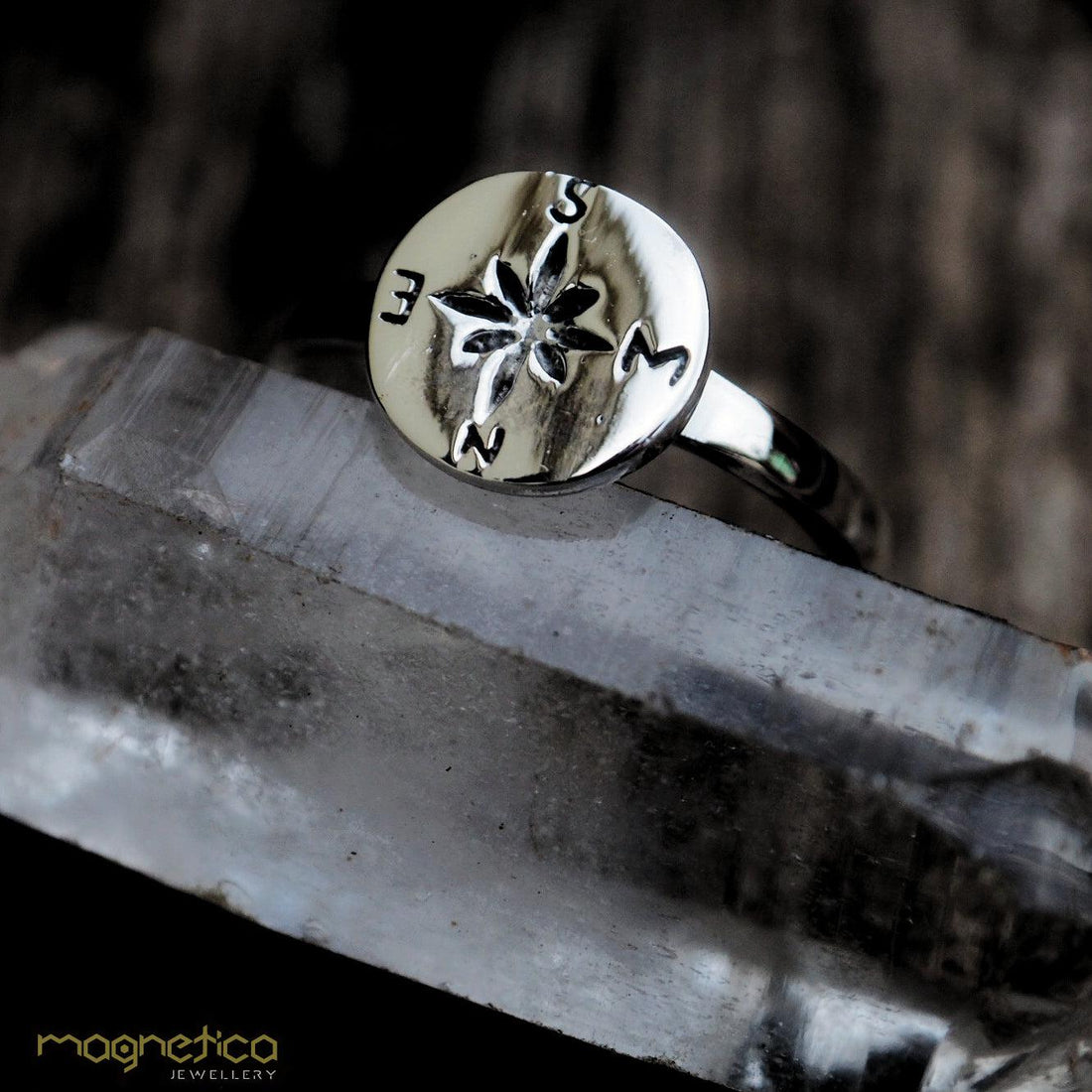 Rose compass sterling silver ring