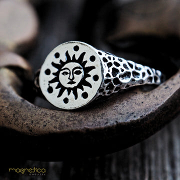 Sun rustic signet silver ring