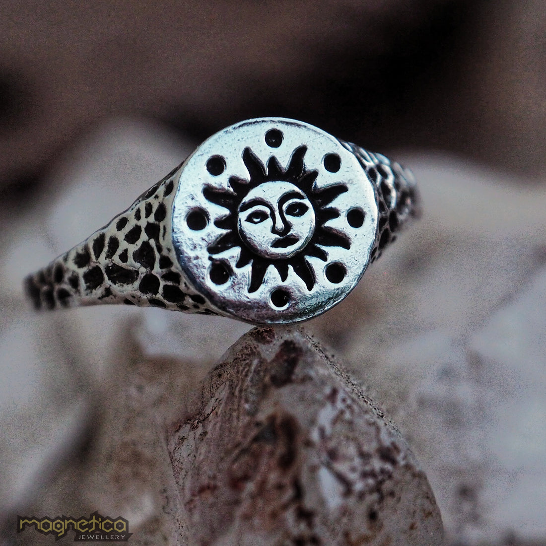 Sun rustic signet silver ring