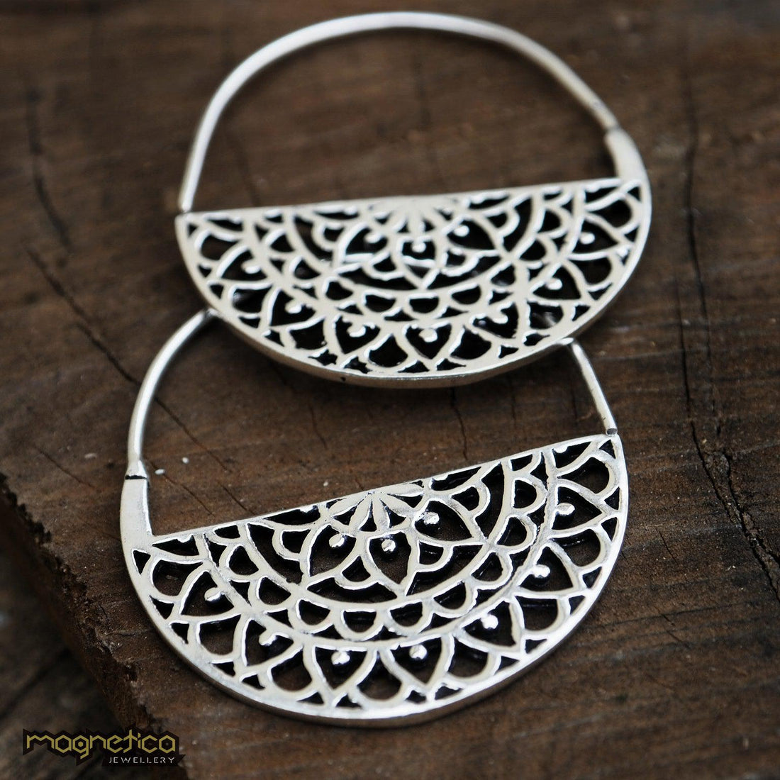 Mandala spiral silver brass hoop earrings