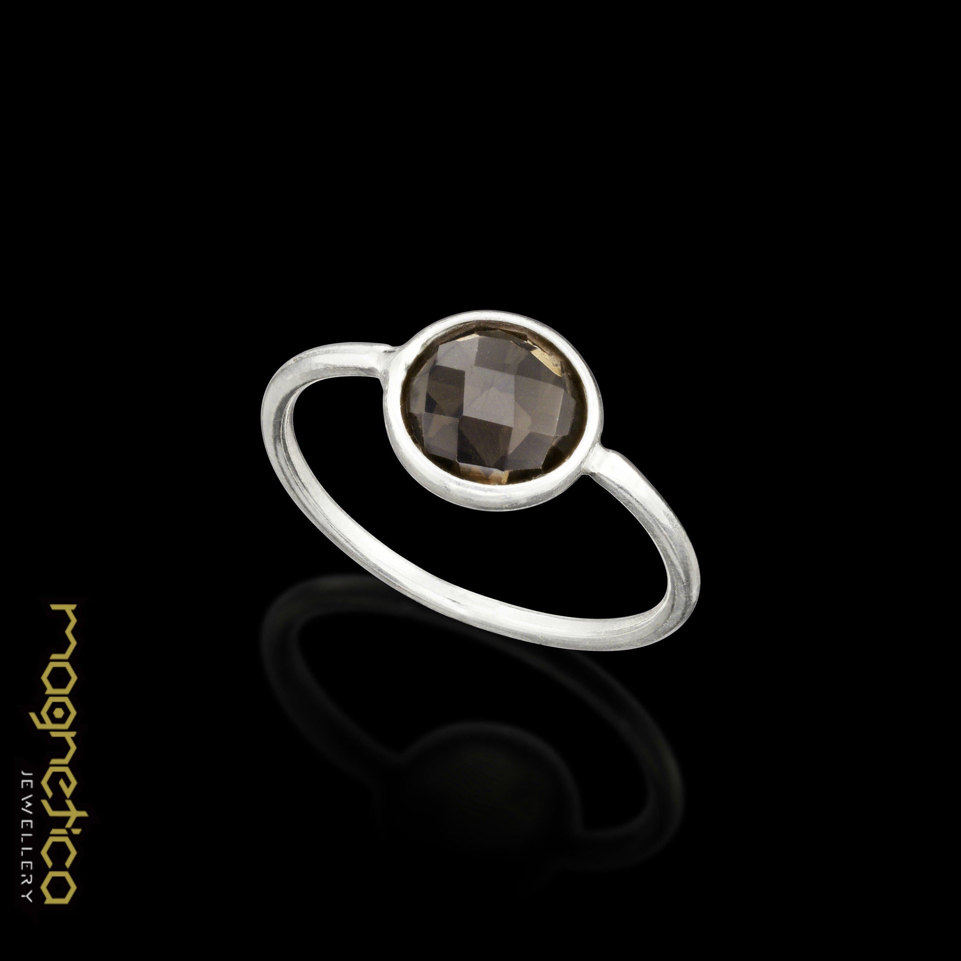 Smoky-quartz birthstone round delicate silver&gold ring-ring-Magnetica